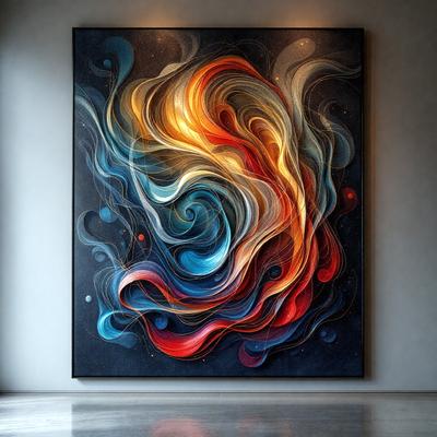 The primary subject of the image is a large, colorful painting of a swirling, abstract design. The painting is displayed on a wall, and it appears to be a digital art piece. The setting is a room with a gray wall, and the visual style is modern and artistic. The dominant colors in the painting are red, blue, and orange, creating a vibrant and energetic atmosphere.